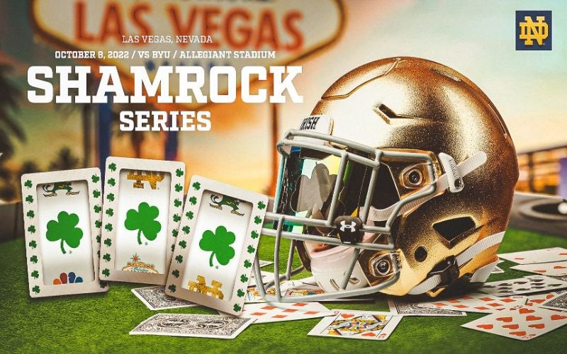 October 08, 2022: A detailed look at the Notre Dame Shamrock Series jersey  during NCAA football game action between the BYU Cougars and the Notre Dame  Fighting Irish at Allegiant Stadium in